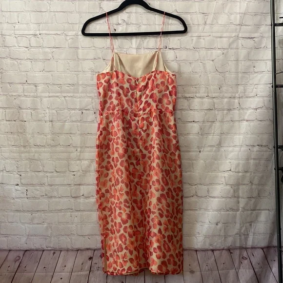 Tibi 100% Silk Dainty Midi Dress Red Nude Animal Print Size 6 Spaghetti Strap - Picture 9 of 12